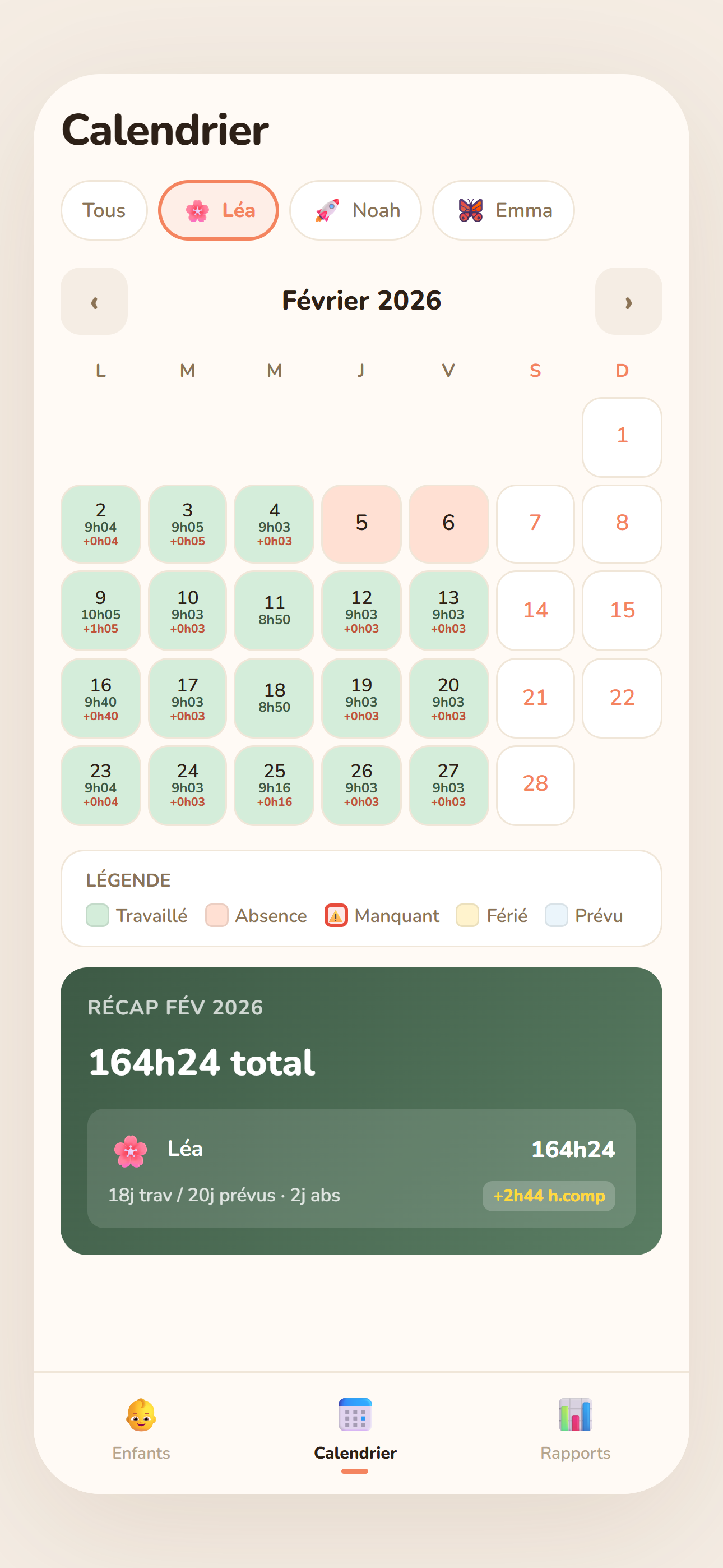 Onglet Calendrier de février 2026 pour Léa : jours travaillés en vert avec le détail des heures, absences en rose, et un récapitulatif de 164 h 24.