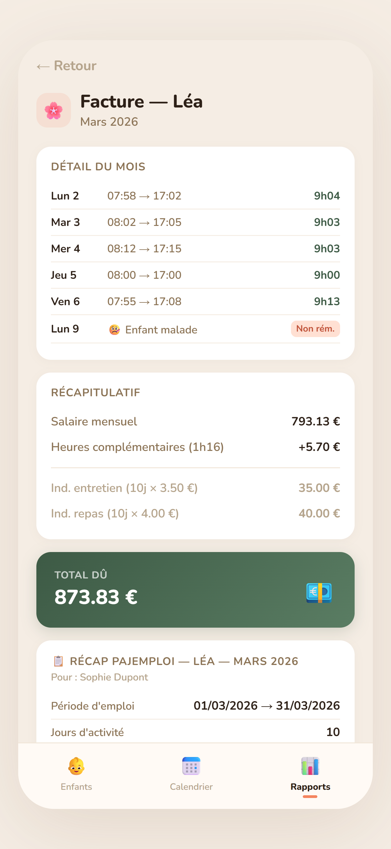 Facture de mars 2026 pour Léa : détail jour par jour, salaire mensuel de 793,13 €, indemnités d'entretien et de repas, total dû de 873,83 €, et récapitulatif Pajemploi.